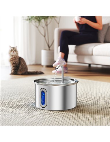 PawHut 2.5L Stainless Steel Cat Water Fountain for Drinking with Ultra-Silent Pump, Water-Level Window, 7 Filters