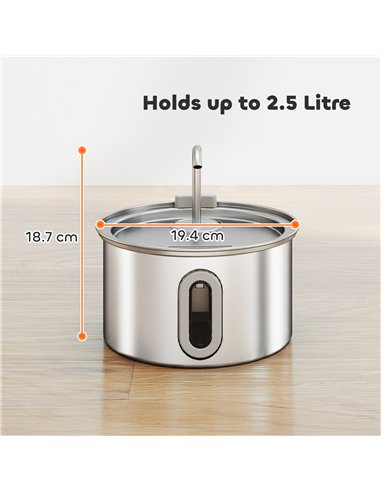 PawHut 2.5L Stainless Steel Cat Water Fountain for Drinking with Ultra-Silent Pump, Water-Level Window, 7 Filters