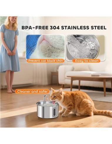 PawHut 2.5L Stainless Steel Cat Water Fountain for Drinking with Ultra-Silent Pump, Water-Level Window, 7 Filters