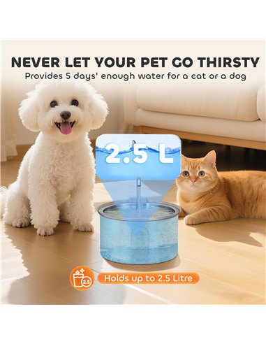 PawHut 2.5L Stainless Steel Cat Water Fountain for Drinking with Ultra-Silent Pump, Water-Level Window, 7 Filters