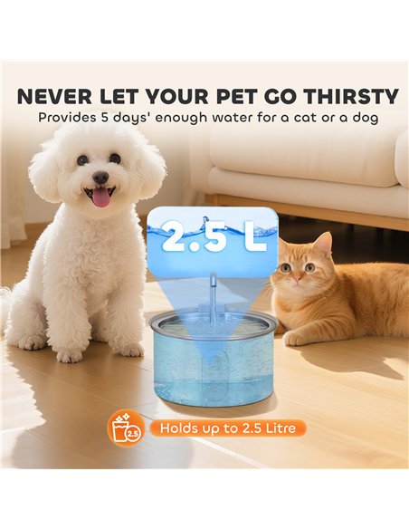 PawHut 2.5L Stainless Steel Cat Water Fountain for Drinking with Ultra-Silent Pump, Water-Level Window, 7 Filters - pic 176987 | FastDaddyshop