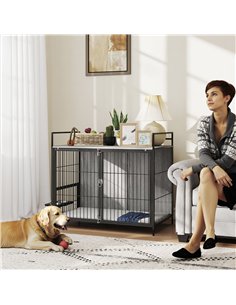 PawHut Large Dog Crate Furniture with Rotating Bowl Holder, 2 Bowls, 2 Doors, for Large Dogs, 100 x 60 x 88 cm, Grey 2