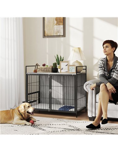 PawHut Large Dog Crate Furniture with Rotating Bowl Holder, 2 Bowls, 2 Doors, for Large Dogs, 100 x 60 x 88 cm, Grey