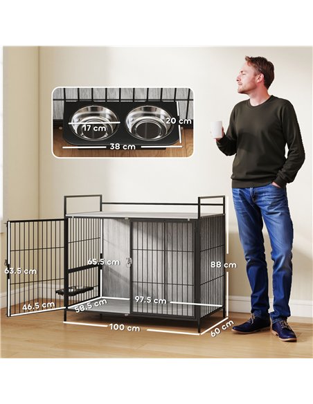 PawHut Large Dog Crate Furniture with Rotating Bowl Holder, 2 Bowls, 2 Doors, for Large Dogs, 100 x 60 x 88 cm, Grey - pic 177074 | FastDaddyshop