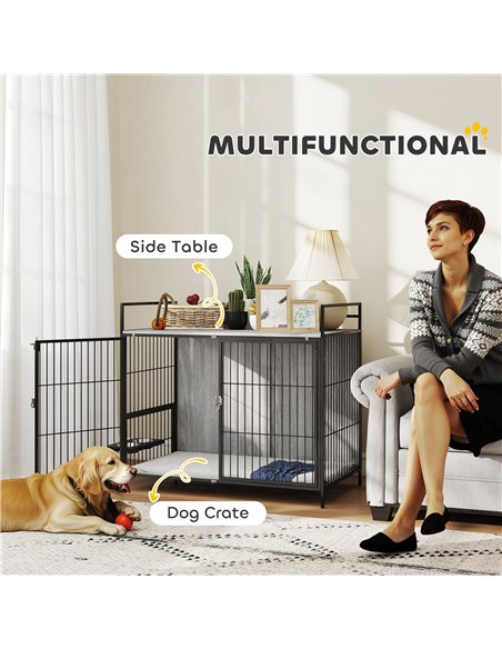 PawHut Large Dog Crate Furniture with Rotating Bowl Holder, 2 Bowls, 2 Doors, for Large Dogs, 100 x 60 x 88 cm, Grey - pic 177075 | FastDaddyshop