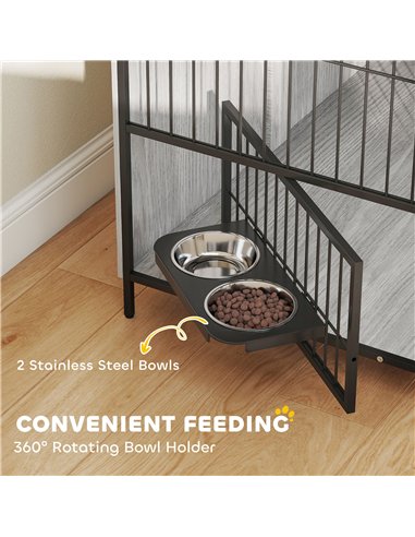 PawHut Large Dog Crate Furniture with Rotating Bowl Holder, 2 Bowls, 2 Doors, for Large Dogs, 100 x 60 x 88 cm, Grey