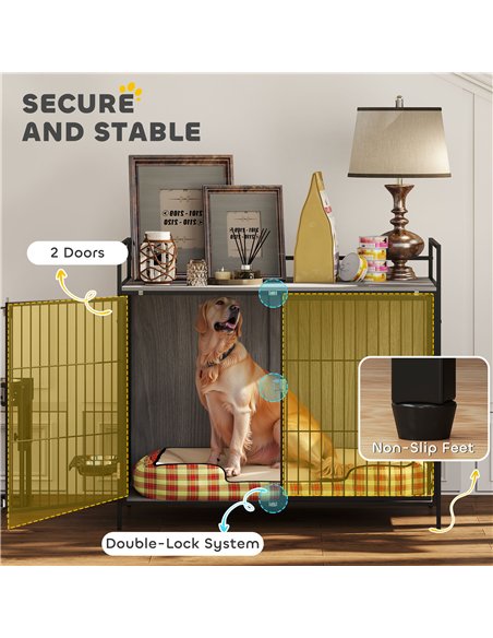 PawHut Large Dog Crate Furniture with Rotating Bowl Holder, 2 Bowls, 2 Doors, for Large Dogs, 100 x 60 x 88 cm, Grey - pic 177077 | FastDaddyshop
