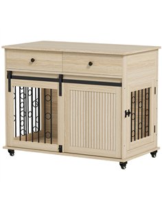 PawHut Dog Crate Furniture on Wheels, Dog Cage with 2 Drawers, Sliding Door, for Medium Large Dogs, Oak Tone