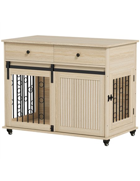 PawHut Dog Crate Furniture on Wheels, Dog Cage with 2 Drawers, Sliding Door, for Medium Large Dogs, Oak Tone - pic 177099 | FastDaddyshop