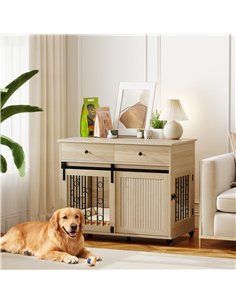 PawHut Dog Crate Furniture on Wheels, Dog Cage with 2 Drawers, Sliding Door, for Medium Large Dogs, Oak Tone 2