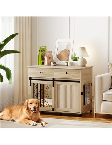 PawHut Dog Crate Furniture on Wheels, Dog Cage with 2 Drawers, Sliding Door, for Medium Large Dogs, Oak Tone