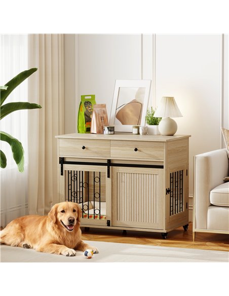 PawHut Dog Crate Furniture on Wheels, Dog Cage with 2 Drawers, Sliding Door, for Medium Large Dogs, Oak Tone - pic 177100 | FastDaddyshop