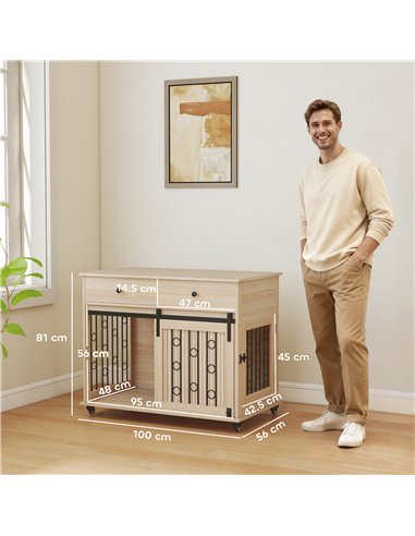 PawHut Dog Crate Furniture on Wheels, Dog Cage with 2 Drawers, Sliding Door, for Medium Large Dogs, Oak Tone