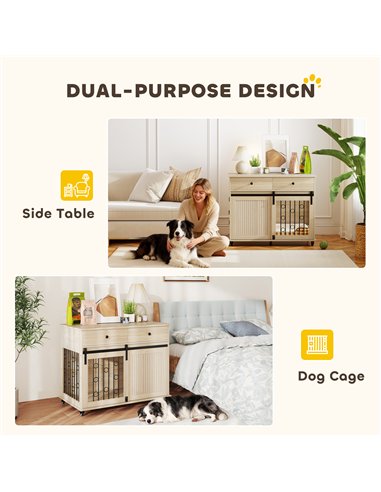 PawHut Dog Crate Furniture on Wheels, Dog Cage with 2 Drawers, Sliding Door, for Medium Large Dogs, Oak Tone