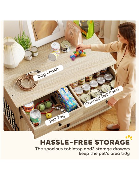 PawHut Dog Crate Furniture on Wheels, Dog Cage with 2 Drawers, Sliding Door, for Medium Large Dogs, Oak Tone - pic 177103 | FastDaddyshop
