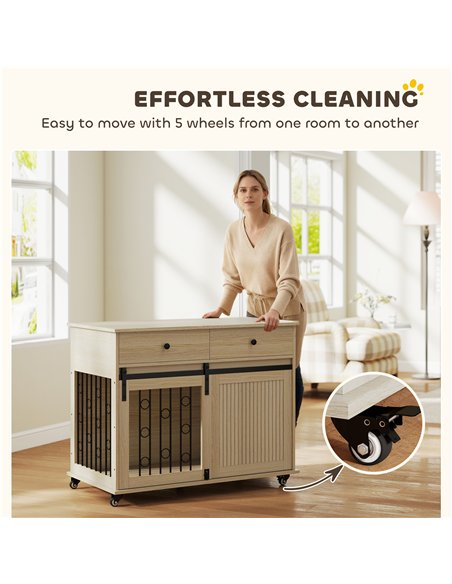 PawHut Dog Crate Furniture on Wheels, Dog Cage with 2 Drawers, Sliding Door, for Medium Large Dogs, Oak Tone - pic 177104 | FastDaddyshop