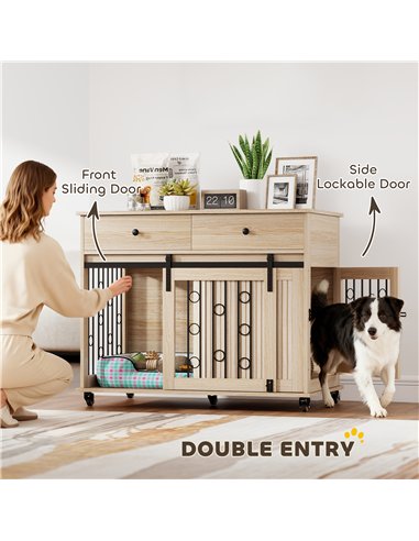 PawHut Dog Crate Furniture on Wheels, Dog Cage with 2 Drawers, Sliding Door, for Medium Large Dogs, Oak Tone