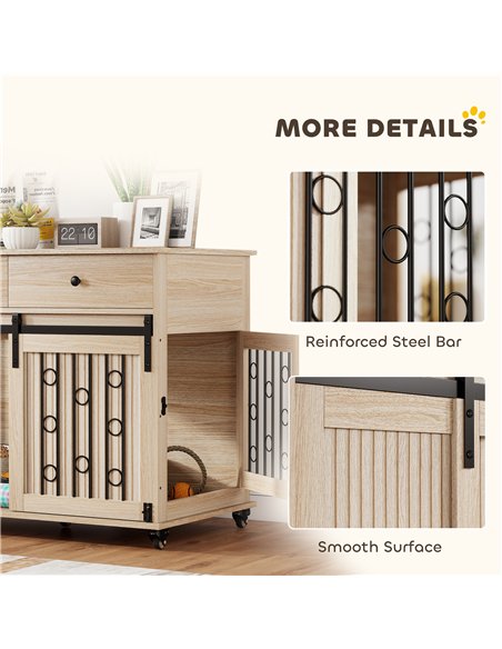 PawHut Dog Crate Furniture on Wheels, Dog Cage with 2 Drawers, Sliding Door, for Medium Large Dogs, Oak Tone - pic 177106 | FastDaddyshop