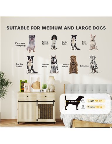 PawHut Dog Crate Furniture on Wheels, Dog Cage with 2 Drawers, Sliding Door, for Medium Large Dogs, Oak Tone