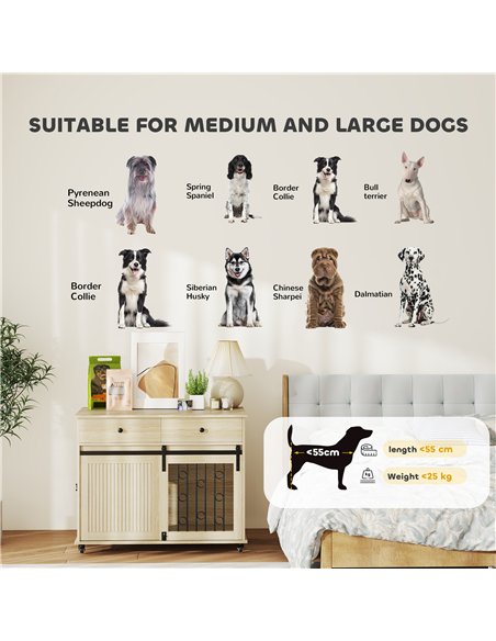 PawHut Dog Crate Furniture on Wheels, Dog Cage with 2 Drawers, Sliding Door, for Medium Large Dogs, Oak Tone - pic 177107 | FastDaddyshop