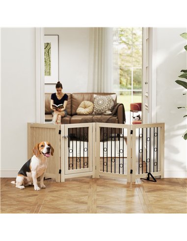 PawHut 4 Panel Freestanding Pet Gate, Indoor Dog Barrier with Lockable Door, Support Feet, 360° Flexible Hinges, Oak
