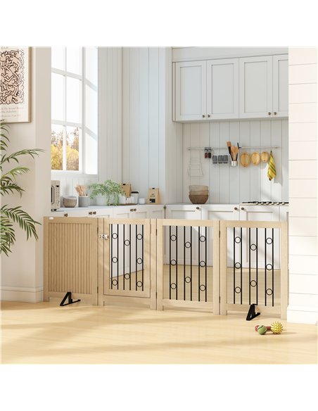 PawHut 4 Panel Freestanding Pet Gate, Indoor Dog Barrier with Lockable Door, Support Feet, 360° Flexible Hinges, Oak - pic 177125 | FastDaddyshop