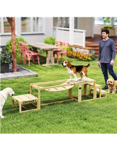 PawHut 3 Pieces Wooden Dog Agility Training Equipment with Soft Bridge, Pause Platform and Pet Stair for Outdoor, Natural Wood 2