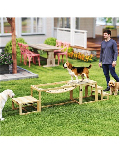 PawHut 3 Pieces Wooden Dog Agility Training Equipment with Soft Bridge, Pause Platform and Pet Stair for Outdoor, Natural Wood