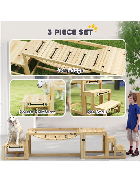 PawHut 3 Pieces Wooden Dog Agility Training Equipment with Soft Bridge, Pause Platform and Pet Stair for Outdoor, Natural Wood - pic 177138 | FastDaddyshop