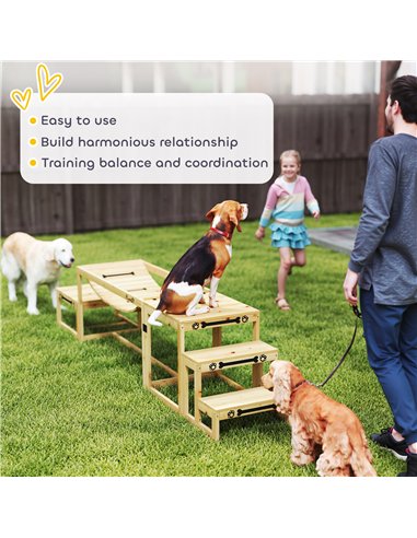 PawHut 3 Pieces Wooden Dog Agility Training Equipment with Soft Bridge, Pause Platform and Pet Stair for Outdoor, Natural Wood