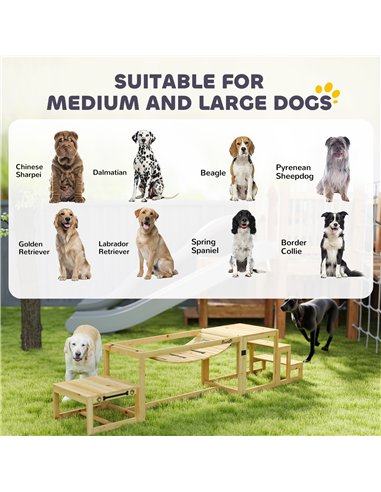 PawHut 3 Pieces Wooden Dog Agility Training Equipment with Soft Bridge, Pause Platform and Pet Stair for Outdoor, Natural Wood