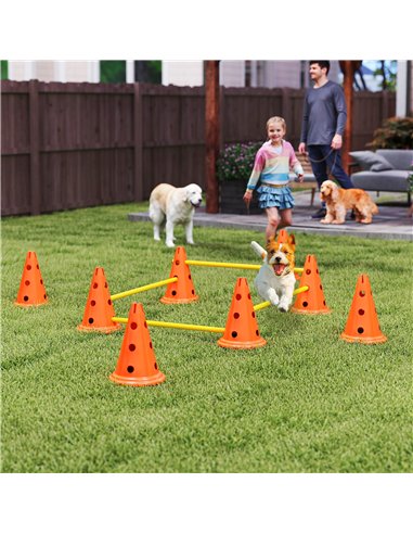 PawHut Dog Agility Equipment Set of Eight Cones, Eight Poles w/ Carry Bag, Four-Piece Adjustable Height Jumping Obstacles