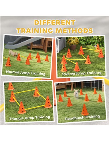 PawHut Dog Agility Equipment Set of Eight Cones, Eight Poles w/ Carry Bag, Four-Piece Adjustable Height Jumping Obstacles