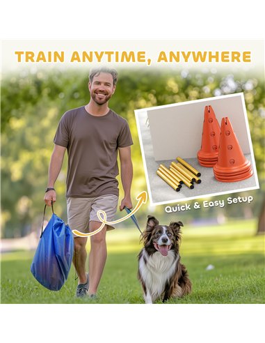 PawHut Dog Agility Equipment Set of Eight Cones, Eight Poles w/ Carry Bag, Four-Piece Adjustable Height Jumping Obstacles