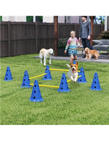 PawHut Dog Agility Equipment Set of Eight Cones, Eight Poles w/ Carry Bag, Four-Piece Adjustable Height Jumping Obstacles Blue