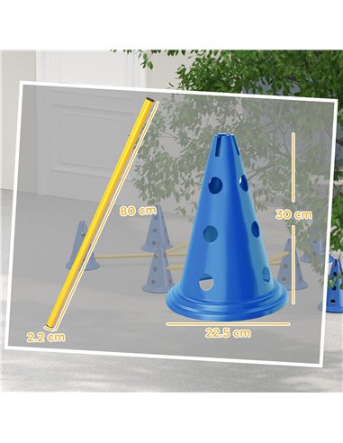 PawHut Dog Agility Equipment Set of Eight Cones, Eight Poles w/ Carry Bag, Four-Piece Adjustable Height Jumping Obstacles Blue