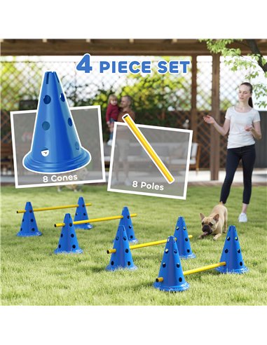 PawHut Dog Agility Equipment Set of Eight Cones, Eight Poles w/ Carry Bag, Four-Piece Adjustable Height Jumping Obstacles Blue
