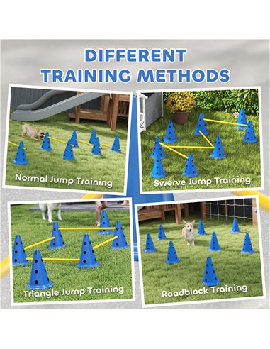 PawHut Dog Agility Equipment Set of Eight Cones, Eight Poles w/ Carry Bag, Four-Piece Adjustable Height Jumping Obstacles Blue