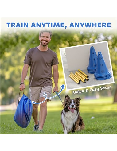 PawHut Dog Agility Equipment Set of Eight Cones, Eight Poles w/ Carry Bag, Four-Piece Adjustable Height Jumping Obstacles Blue