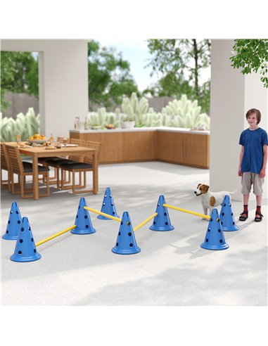 PawHut Dog Agility Equipment Set of Eight Cones, Eight Poles w/ Carry Bag, Four-Piece Adjustable Height Jumping Obstacles Blue
