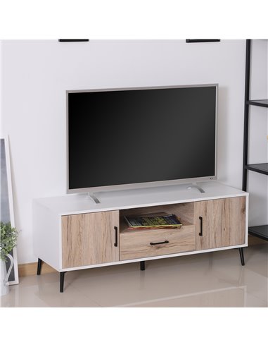 Homcom 1200mm TV Stand Cabinet with 2 Doors, 1 Drawer, Oak Colour & White