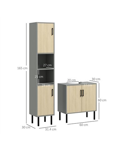 kleankin Bathroom Furniture Set with Doors, Tall Bathroom Cabinet with Adjustable Shelves, Under Sink Cabinet, Grey