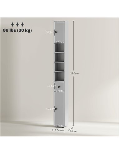kleankin 180cm Slim Bathroom Cabinet, with Drawer, Shelves and Cupboards - Grey