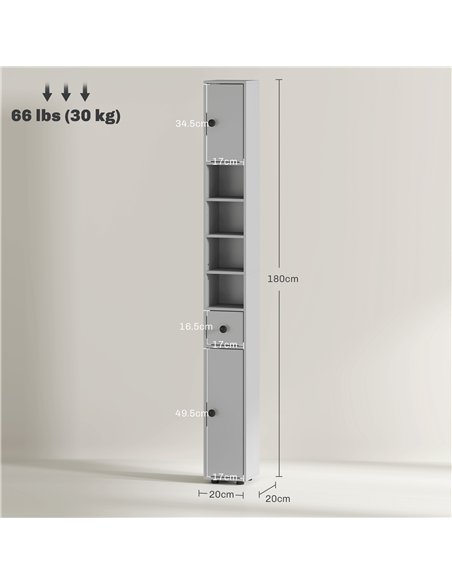 kleankin 180cm Slim Bathroom Cabinet, with Drawer, Shelves and Cupboards - Grey - pic 177218 | FastDaddyshop