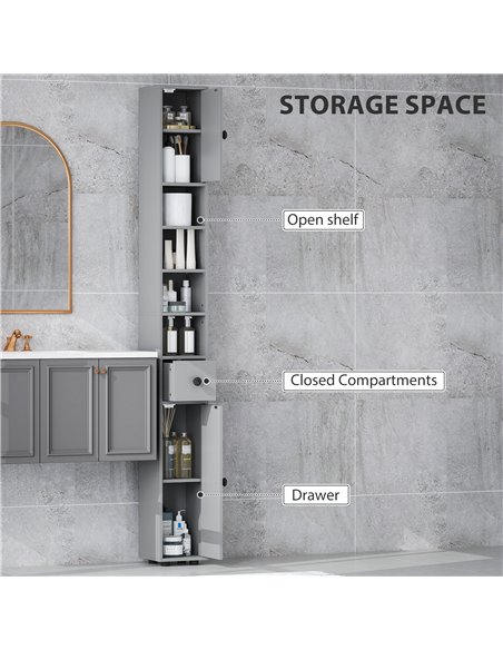 kleankin 180cm Slim Bathroom Cabinet, with Drawer, Shelves and Cupboards - Grey - pic 177219 | FastDaddyshop