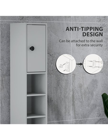 kleankin 180cm Slim Bathroom Cabinet, with Drawer, Shelves and Cupboards - Grey - pic 177220 | FastDaddyshop