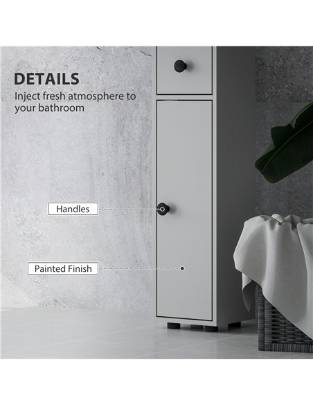 kleankin 180cm Slim Bathroom Cabinet, with Drawer, Shelves and Cupboards - Grey - pic 177221 | FastDaddyshop