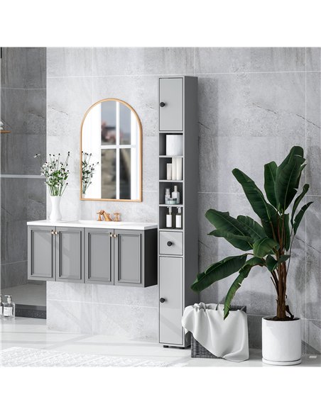 kleankin 180cm Slim Bathroom Cabinet, with Drawer, Shelves and Cupboards - Grey - pic 177222 | FastDaddyshop