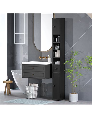 kleankin 180cm Slim Bathroom Cabinet, with Drawer, Shelves and Cupboards - Black