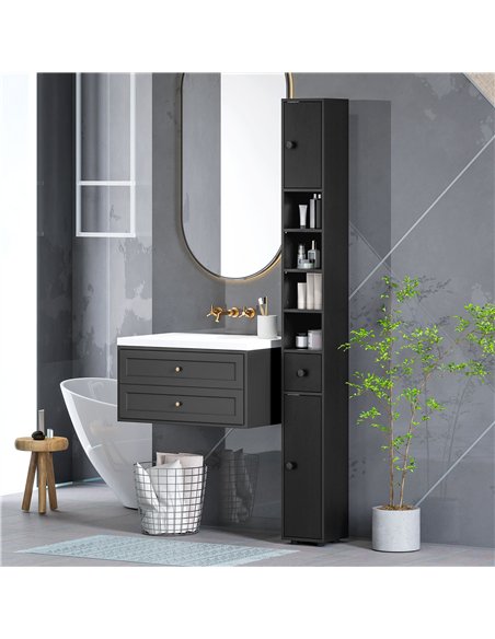 kleankin 180cm Slim Bathroom Cabinet, with Drawer, Shelves and Cupboards - Black - pic 177226 | FastDaddyshop